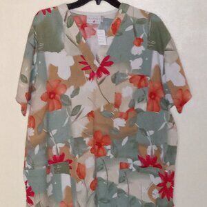 Peaches Uniforms Green/Red/Orange Floral Design L Scrub Top
